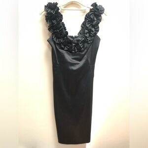White House Black Market Satin Black Dress with Ruffled Neckline